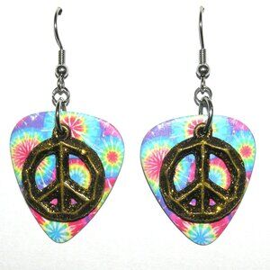 Tie Dye Peace Sign Charm Guitar Pick Earrings, Super Cool With Touch Of Glitter